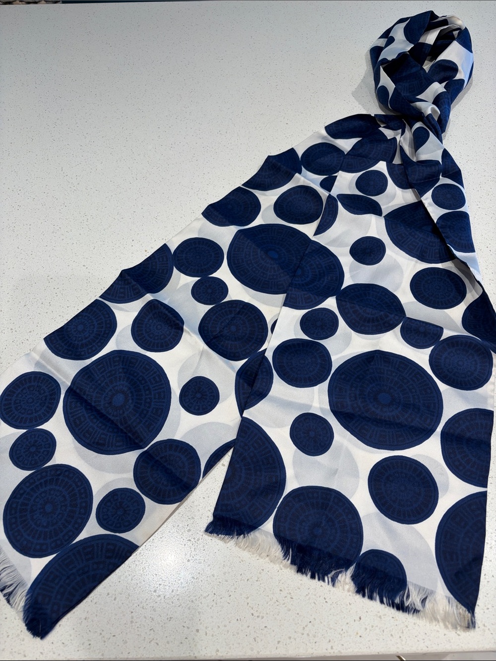 Navy Circle Pattern Scarf - White, Navy & Black silk scarf. Unisex.
